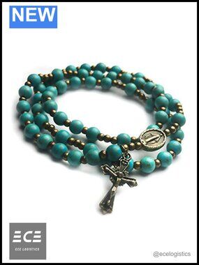 Turquoise Rosary Bracelet Miraculous Medal Charm Bronze Catholic